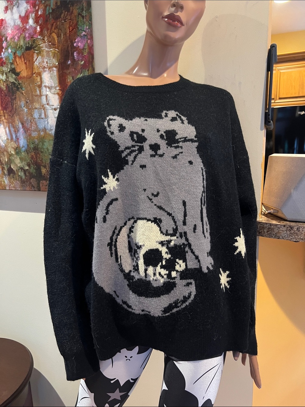 Goth gothic Black Crewneck Sweater S w  cat  and Stars & skull nwt